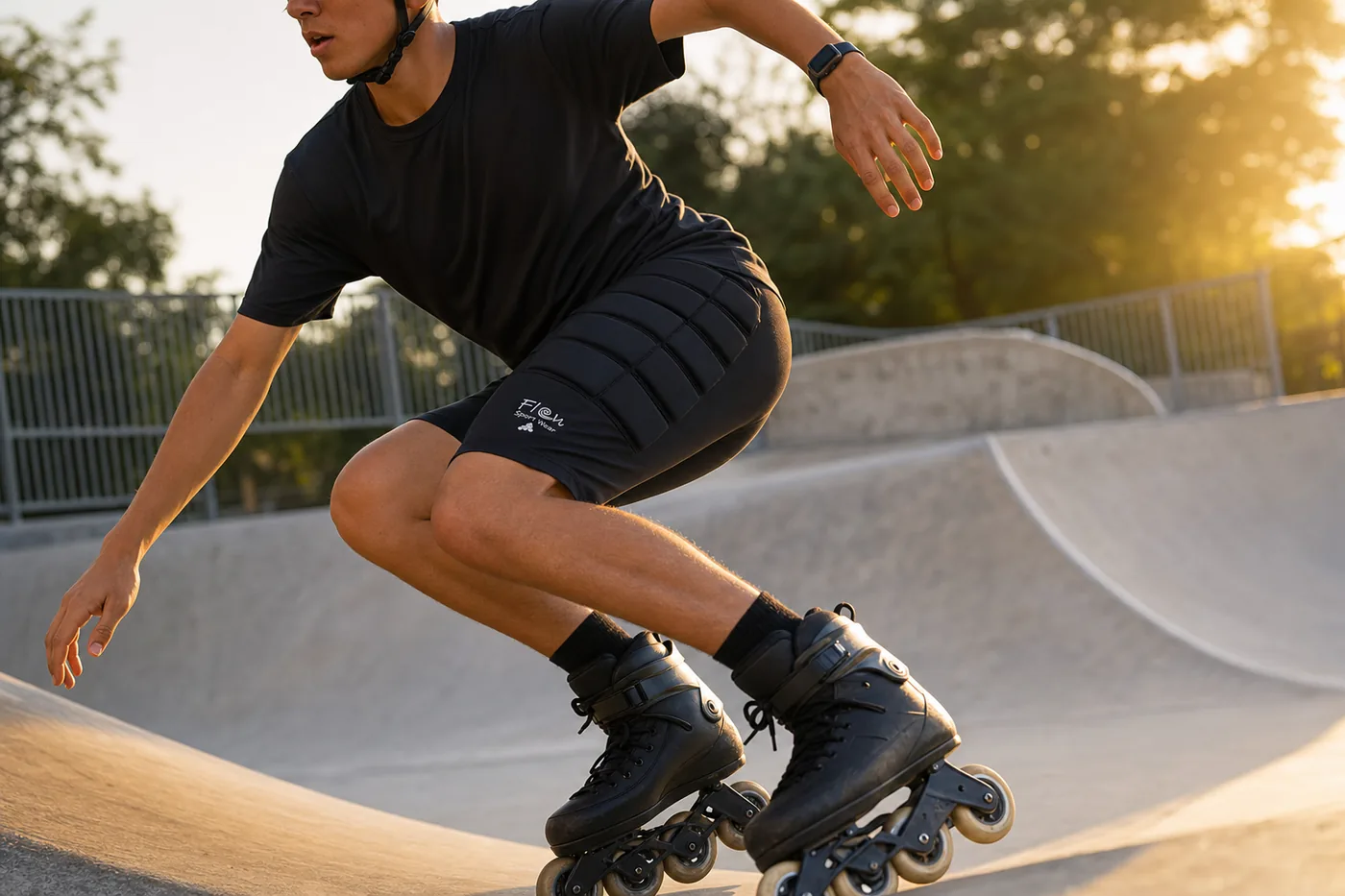 Patinador usando o shorts de proteção em pista externa