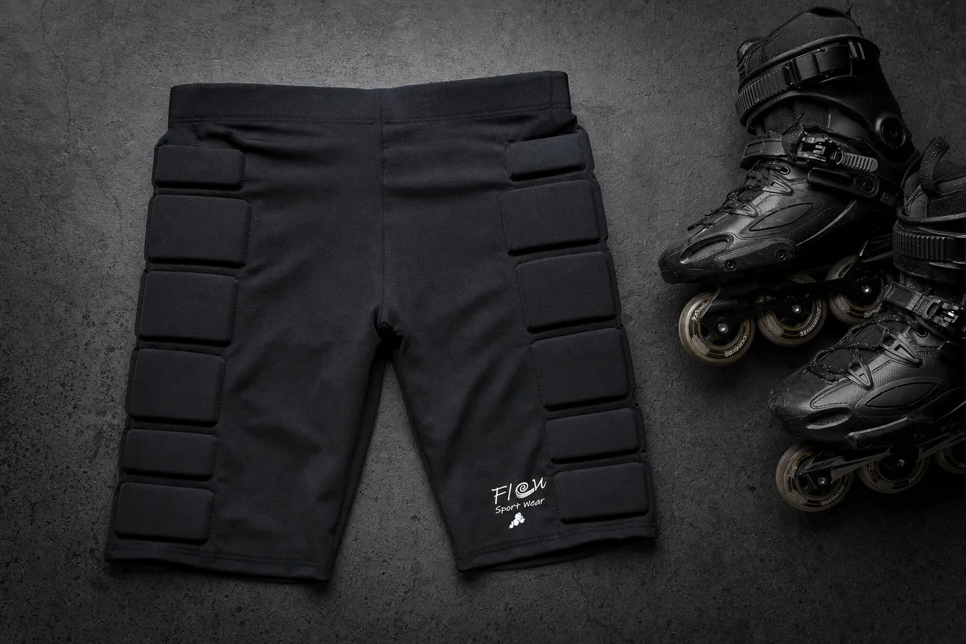 Shorts FSW1 ao lado de um par de patins