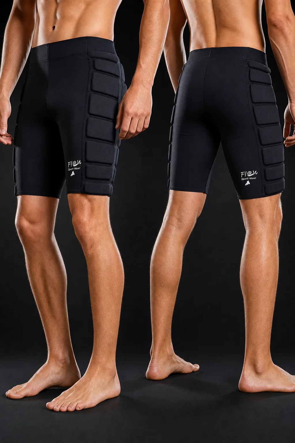Shorts de proteção Flow FSW1 vestido, vista frontal e lateral