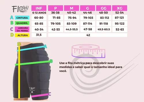 Tabela oficial de medidas Flow Sport Wear: cintura, quadril, largura da perna e altura por tamanho